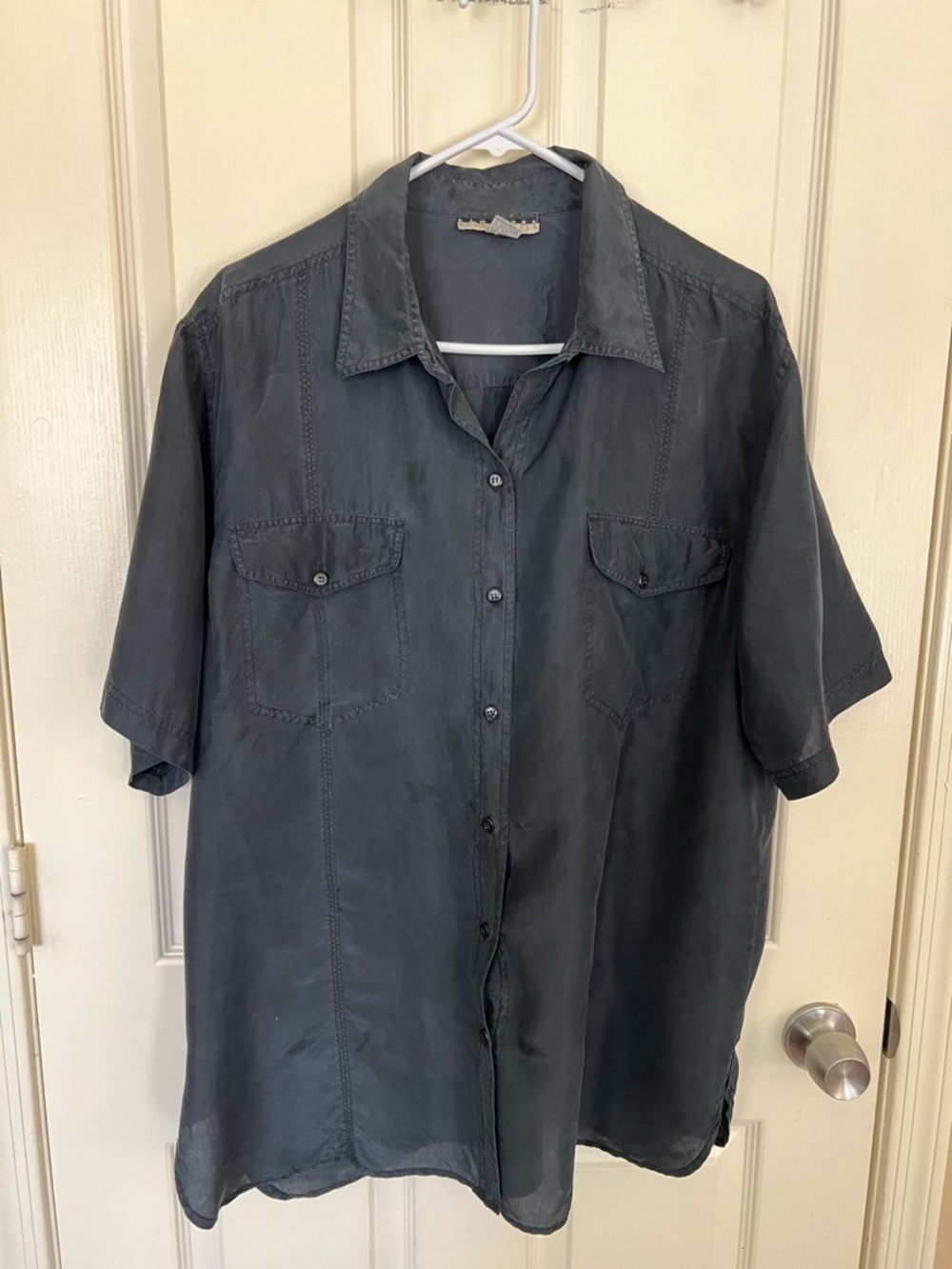 New York Studio Silk 100% Silk Button Front Blouse Black Short Sleeve Women’s L